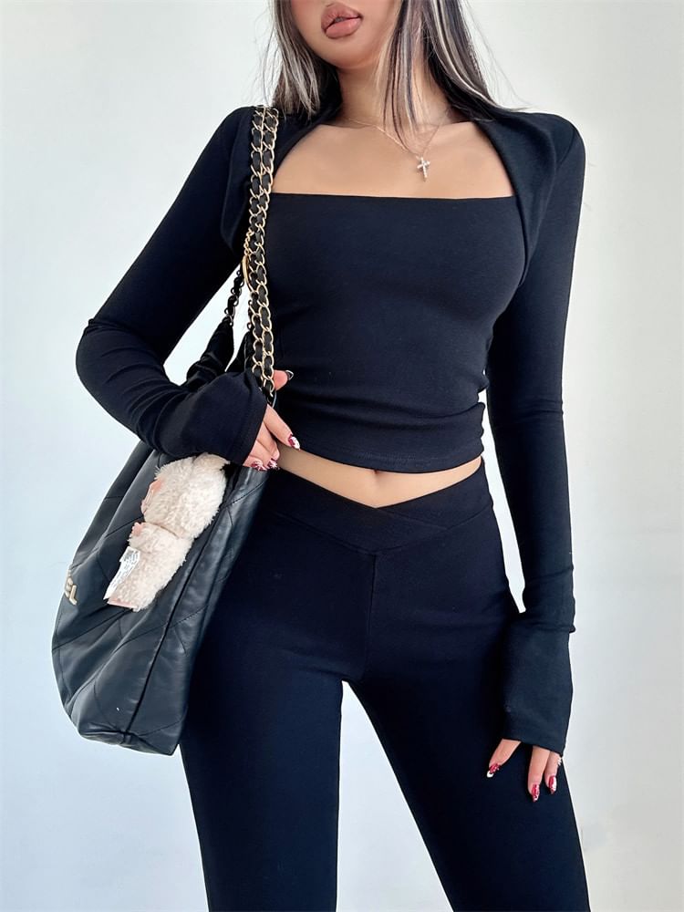 Square Neck Slim-Fit Crop Long-Sleeve Mock Two-Piece