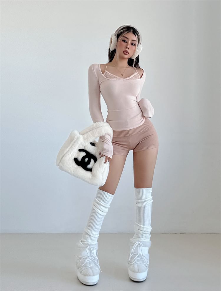 Scoop Neck Lace Panel Slim-Fit Long-Sleeve Mock Two-Piece