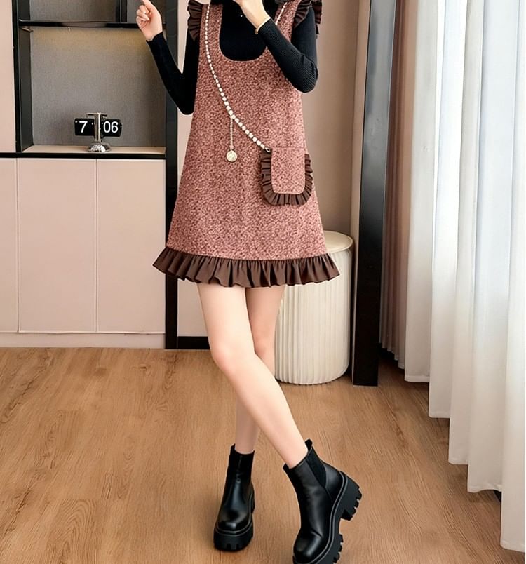 Mock Neck Knit Top & Scoop Neck Frill Tweed Overall Dress