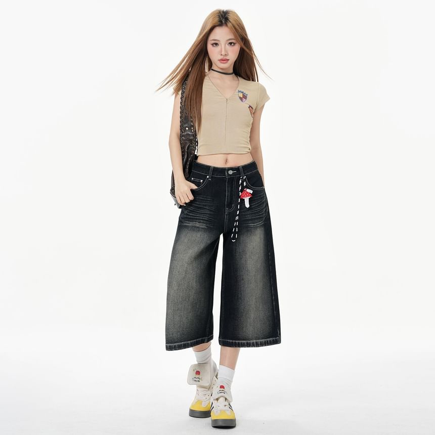 Mid Rise Washed Wide Leg Jorts