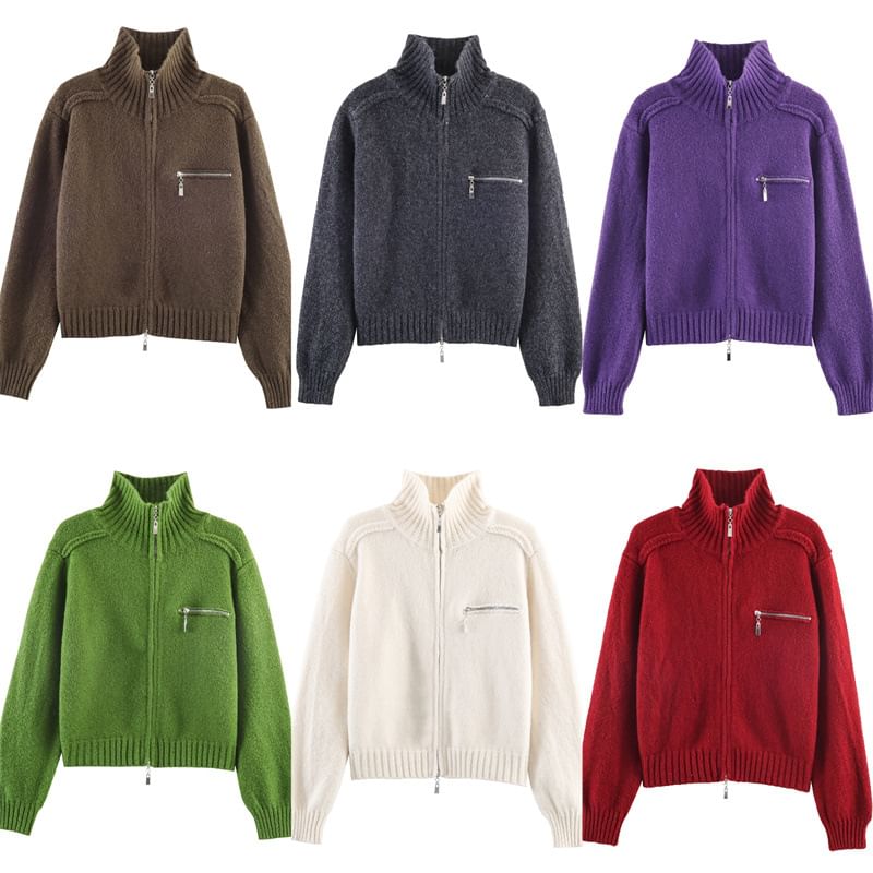 Stand Collar Zip-Up Plain Cardigan