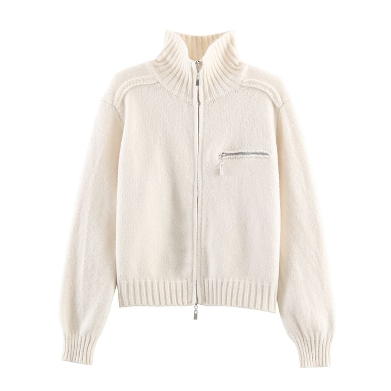 Stand Collar Zip-Up Plain Cardigan