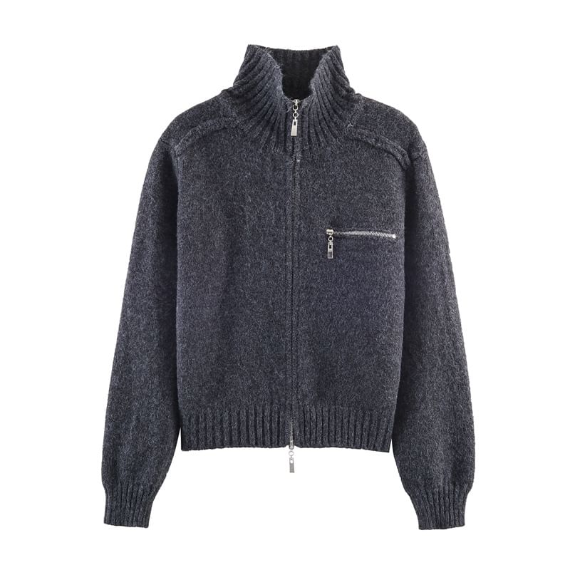 Stand Collar Zip-Up Plain Cardigan