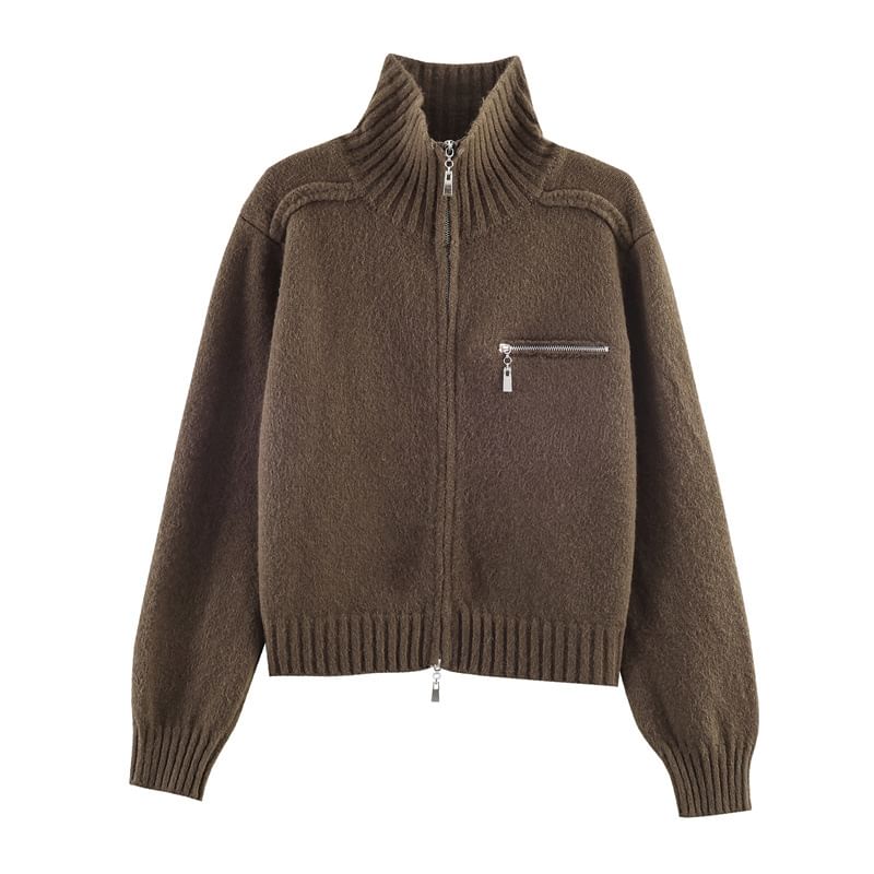 Stand Collar Zip-Up Plain Cardigan