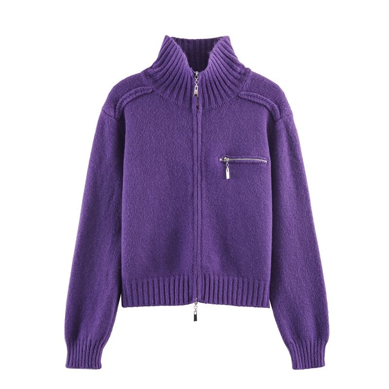 Stand Collar Zip-Up Plain Cardigan