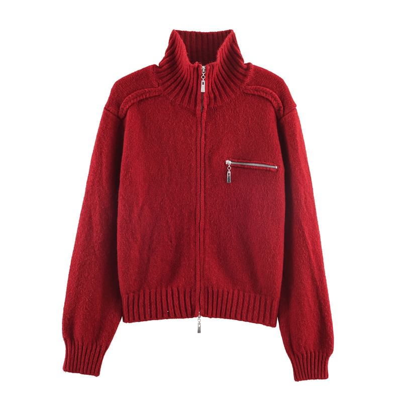 Stand Collar Zip-Up Plain Cardigan
