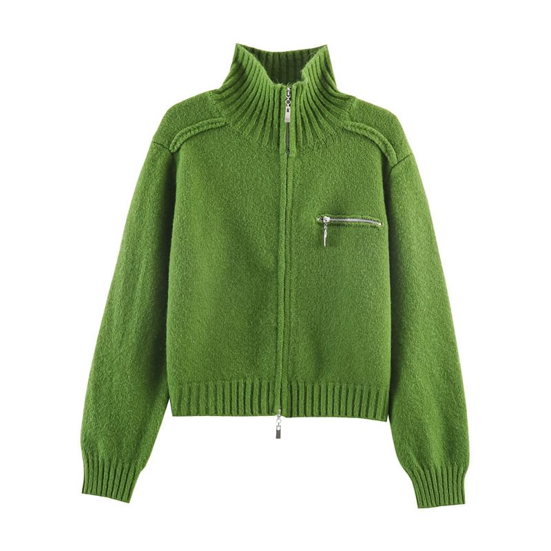 Stand Collar Zip-Up Plain Cardigan