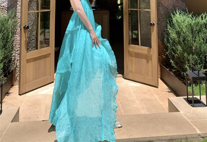 Halter V-Neck Plain Asymmetrical Open Back Maxi A-Line Dress