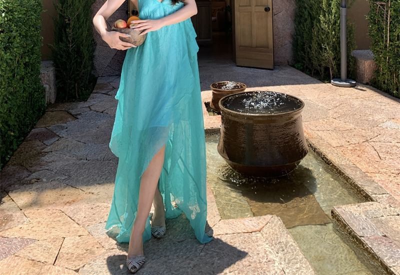 Halter V-Neck Plain Asymmetrical Open Back Maxi A-Line Dress