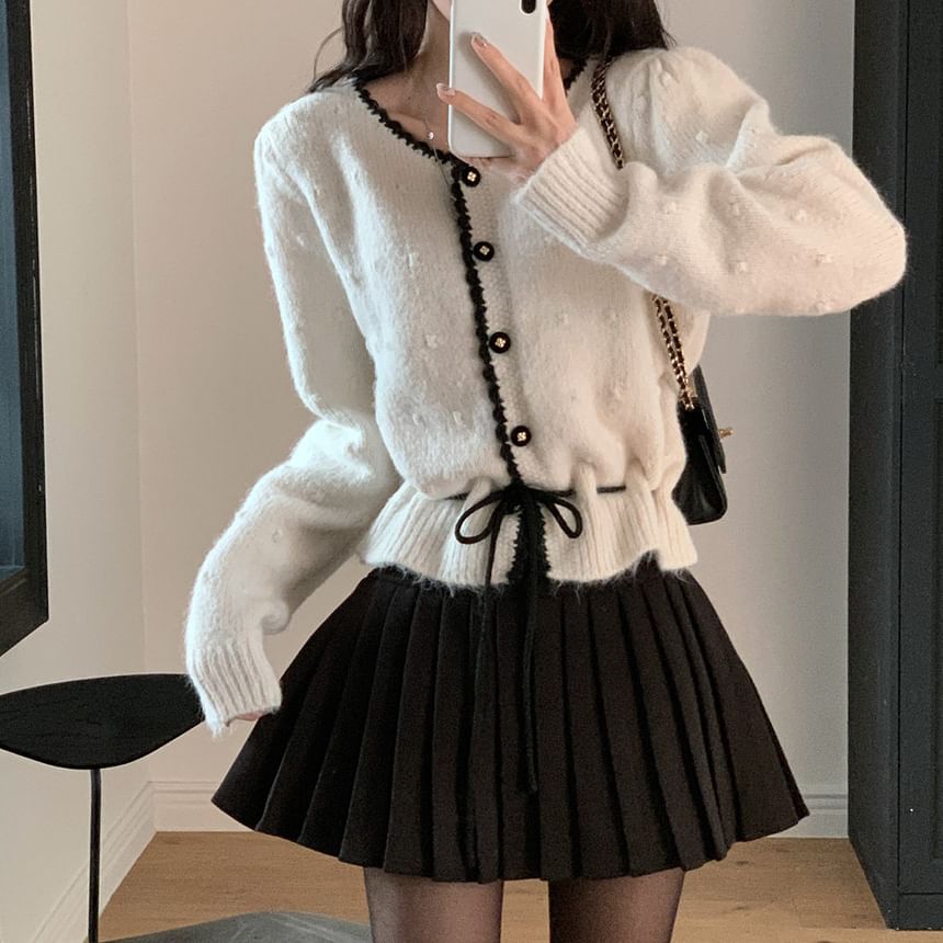 Contrast Trim Drawstring Button-Up Cardigan