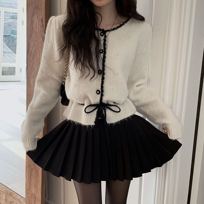 Contrast Trim Drawstring Button-Up Cardigan