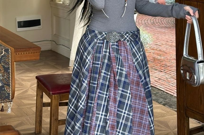 Long-Sleeve Square Neck Gingham Check Maxi A-Line Dress