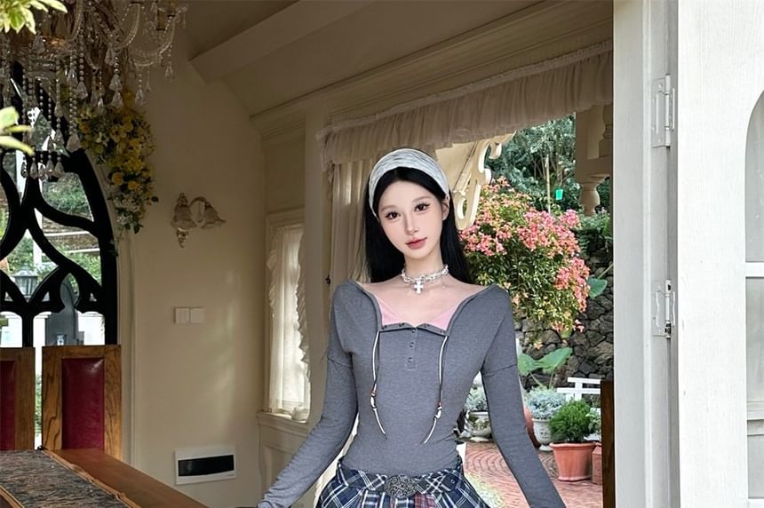 Long-Sleeve Square Neck Gingham Check Maxi A-Line Dress