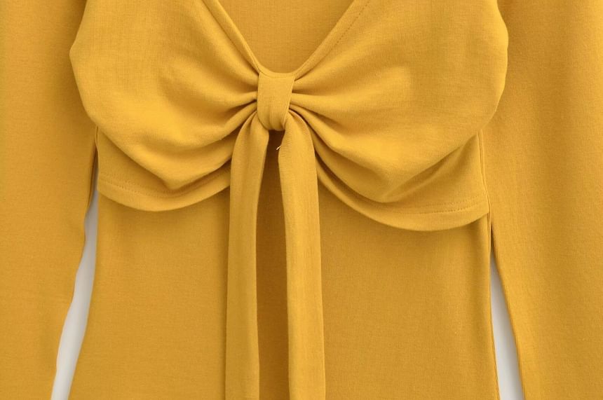 Tie-Front V-Neck Tee with Long Sleeves