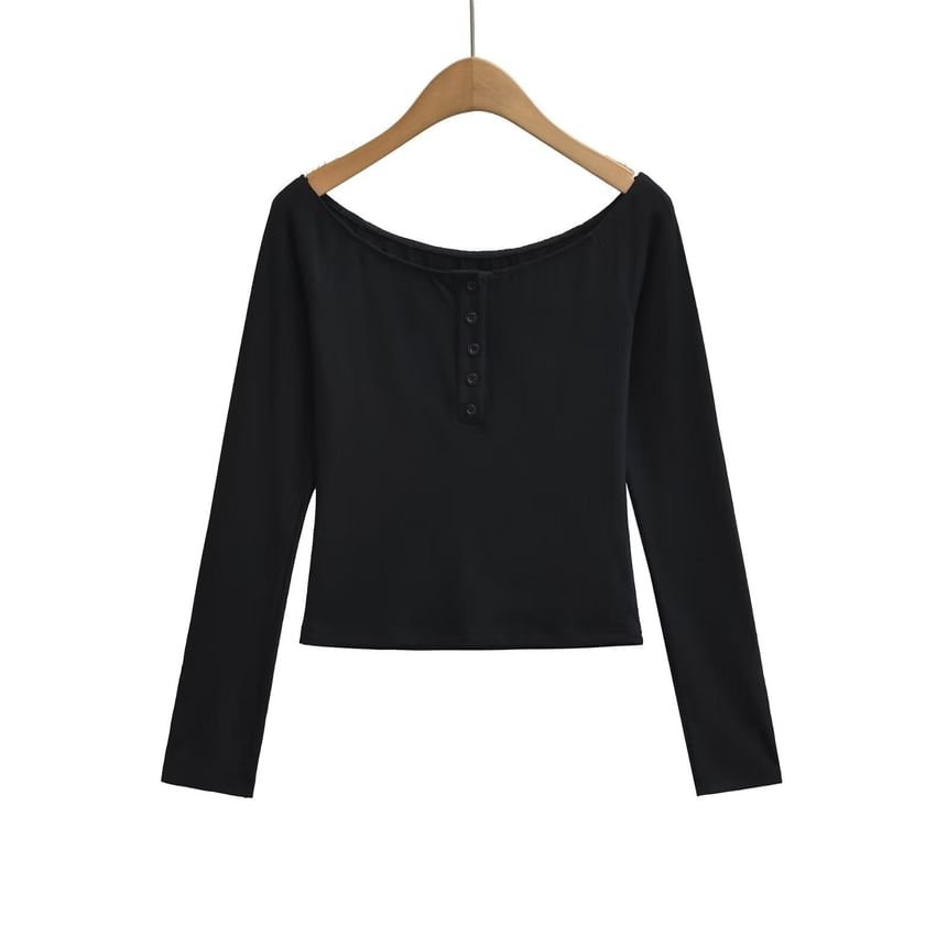 Henley Crop Tee with Boat Neck and Long Sleeves