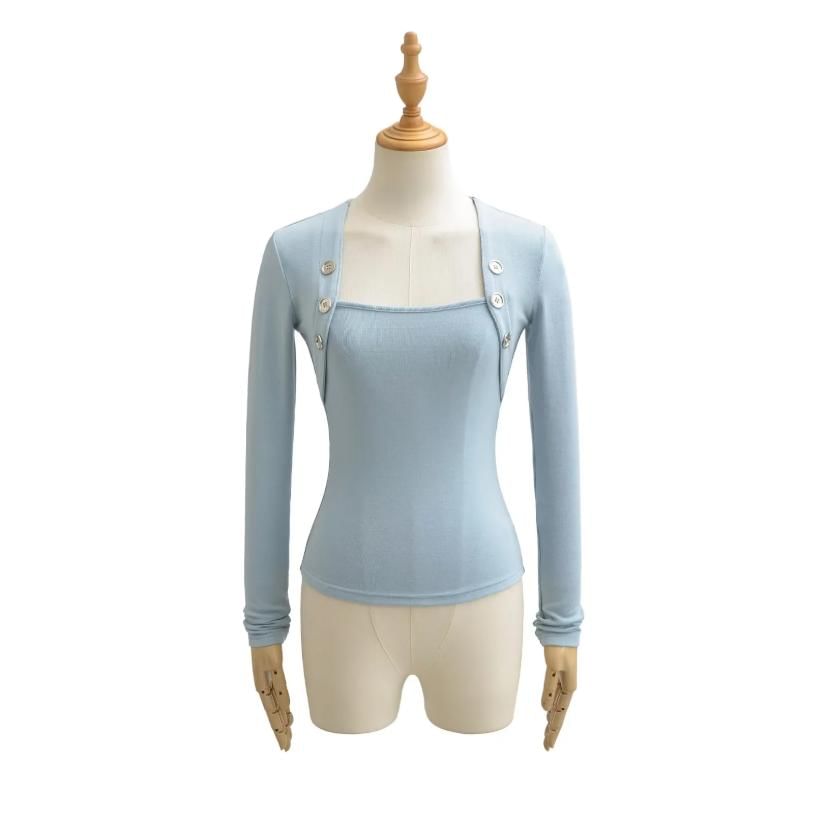 Square Neck Button Detail Tee with Long Sleeves