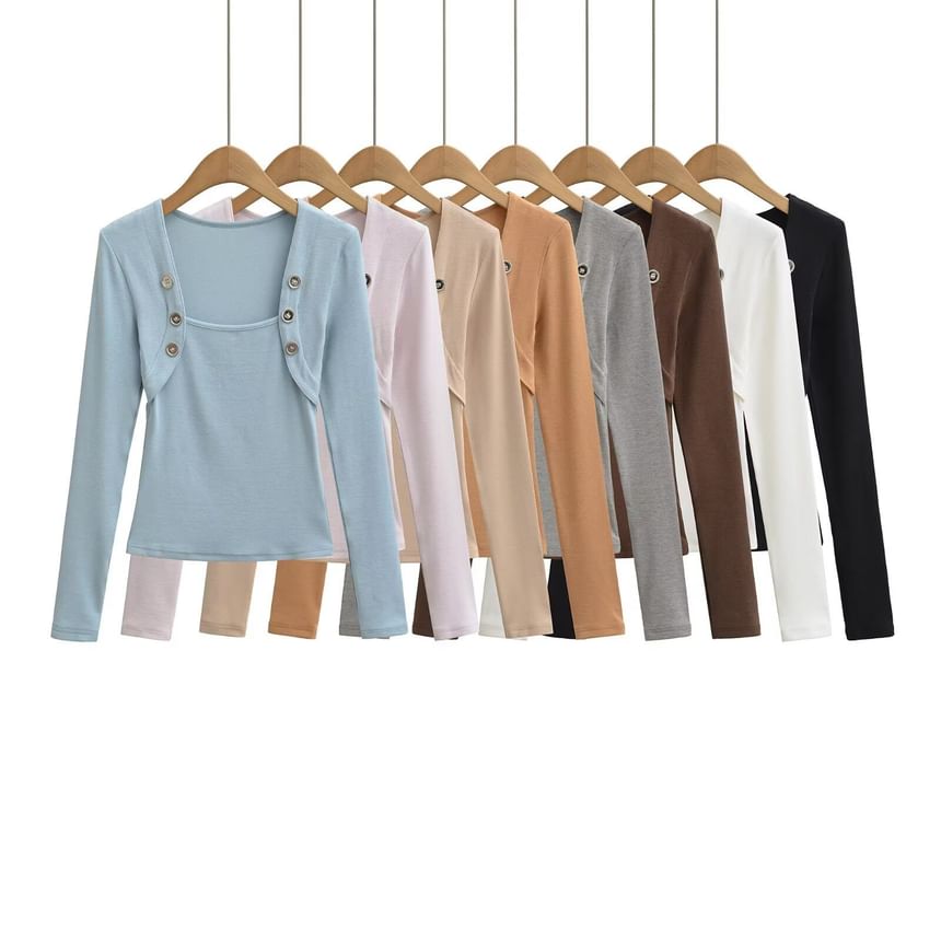 Square Neck Button Detail Tee with Long Sleeves