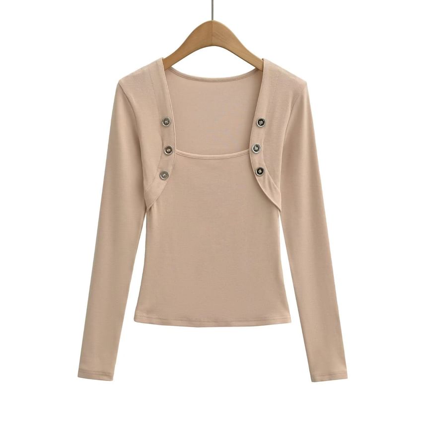 Square Neck Button Detail Tee with Long Sleeves