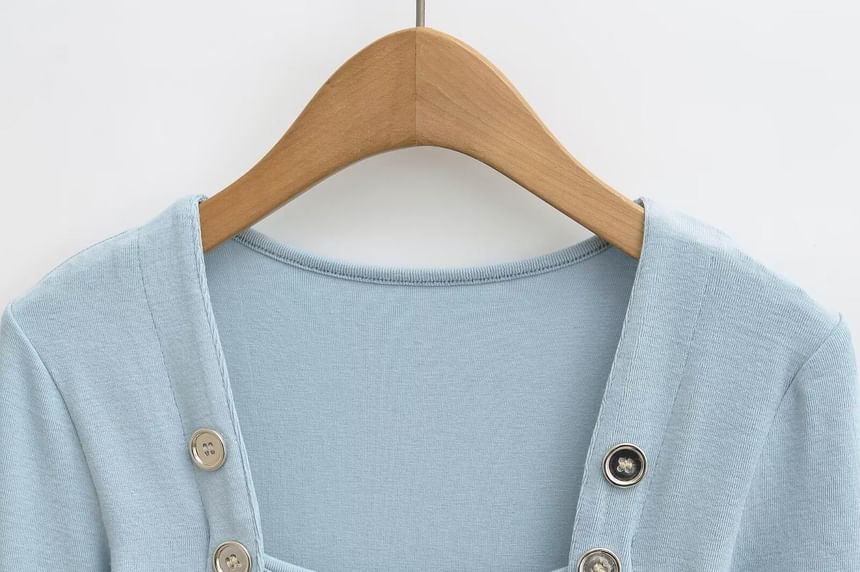 Square Neck Button Detail Tee with Long Sleeves