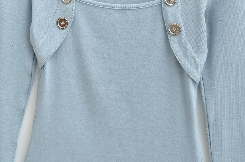 Square Neck Button Detail Tee with Long Sleeves