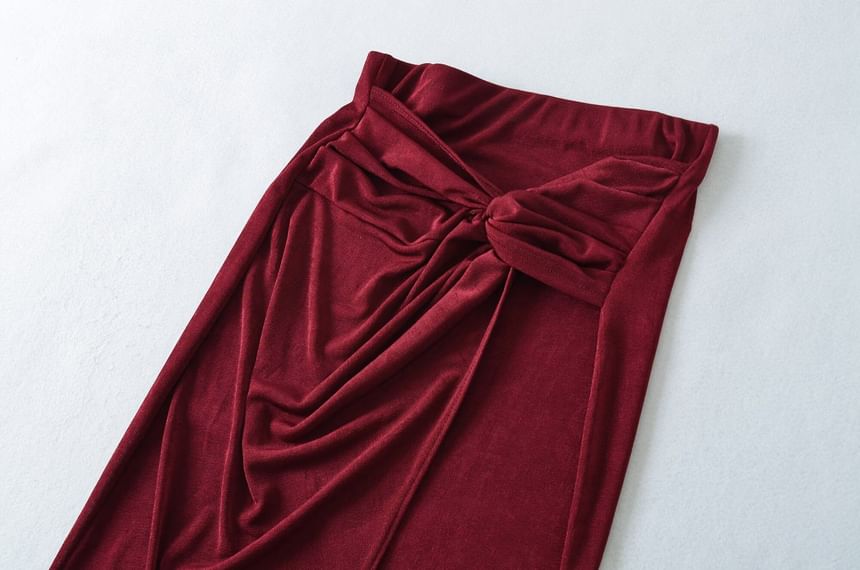 Knot Twisted Slit Midi Pencil Skirt High Waist