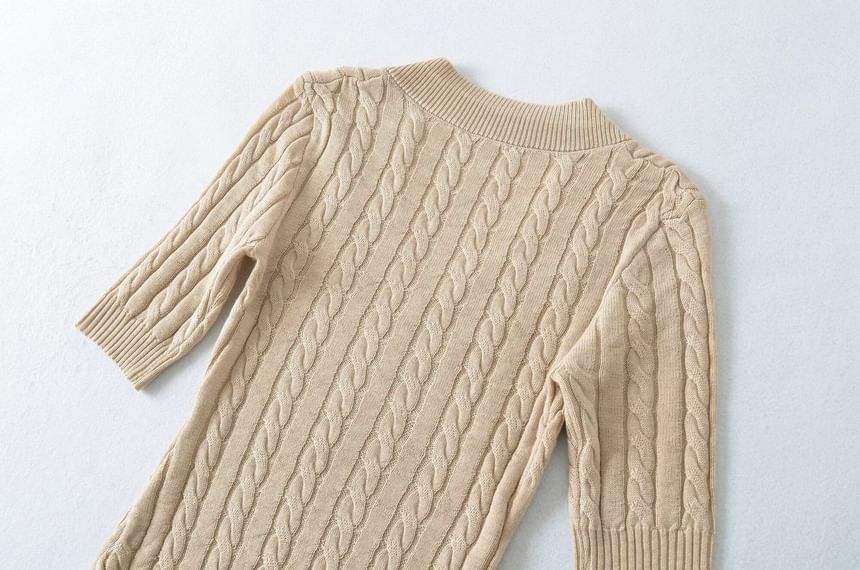 Cable Knit V-Neck Top with Elbow Sleeves