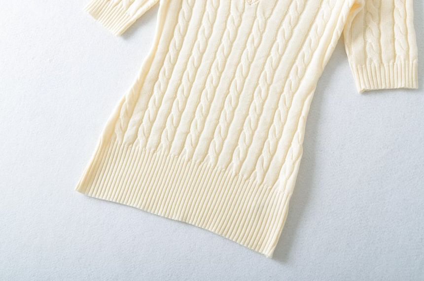 Cable Knit V-Neck Top with Elbow Sleeves