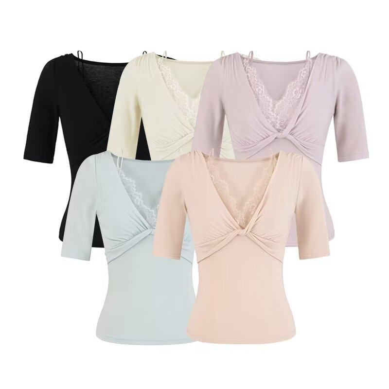 Twisted Lace Trim V-Neck Tee with Elbow Sleeves