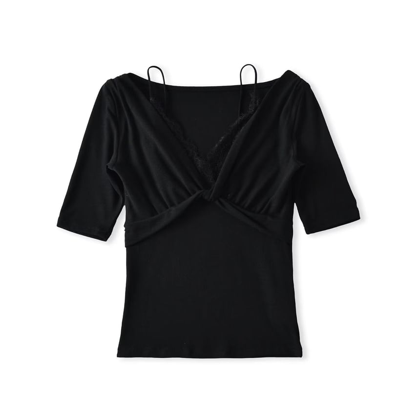 Twisted Lace Trim V-Neck Tee with Elbow Sleeves