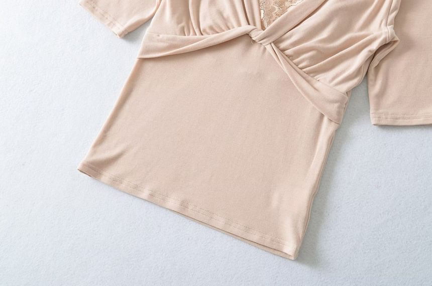 Twisted Lace Trim V-Neck Tee with Elbow Sleeves