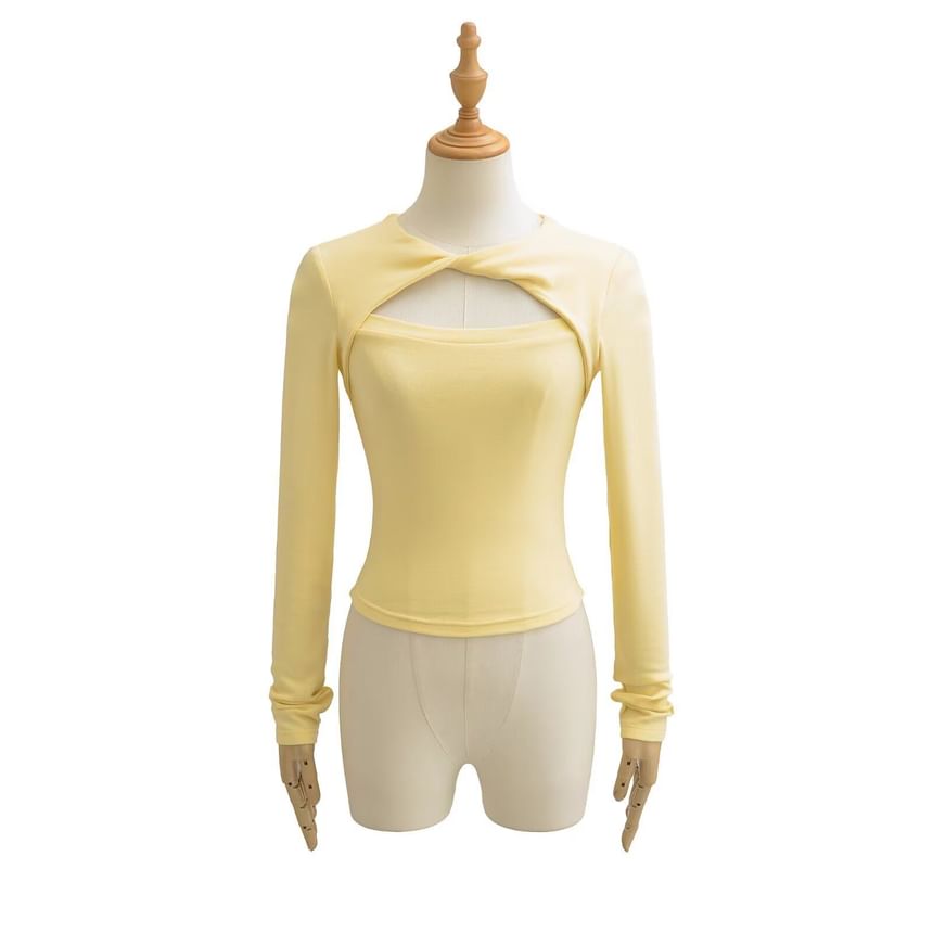 Cutout Crop Tee with Crew Neck and Long Sleeves
