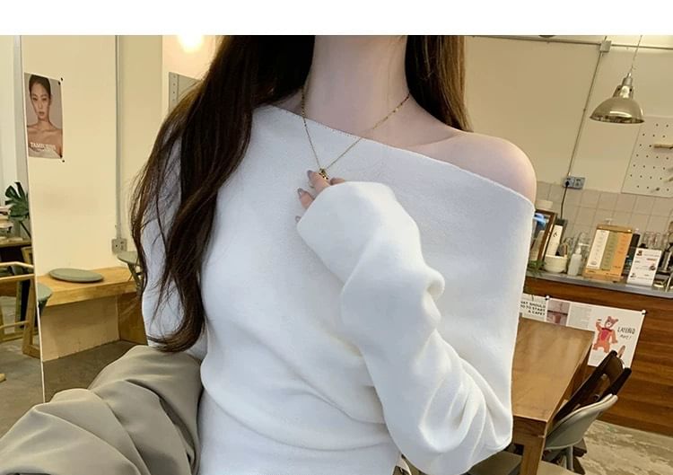 Off-Shoulder Slit Knit Top