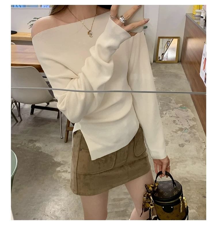 Off-Shoulder Slit Knit Top