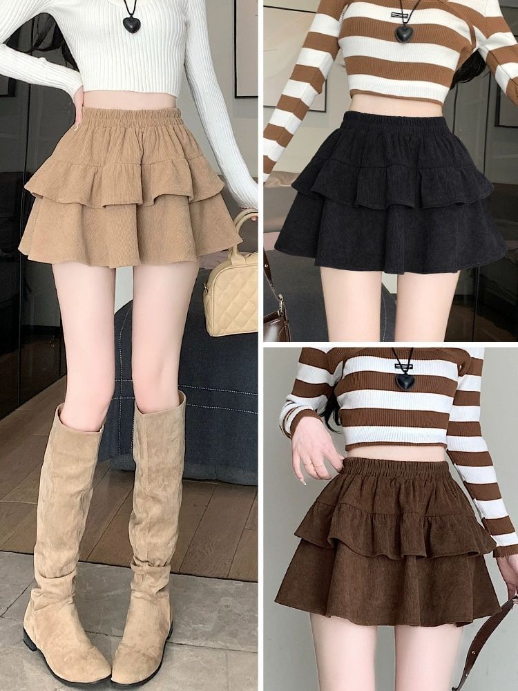 Corduroy Ruffle Trim Mini A-Line Skirt High Waist