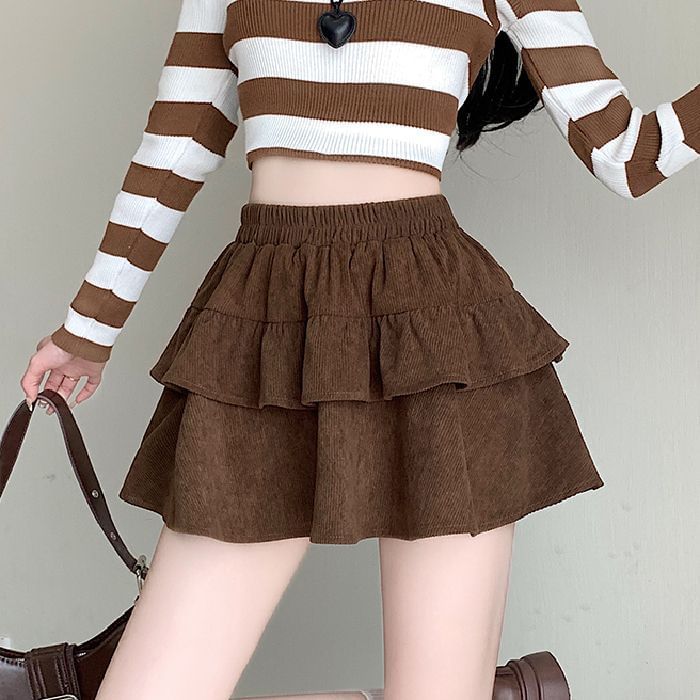 Corduroy Ruffle Trim Mini A-Line Skirt High Waist