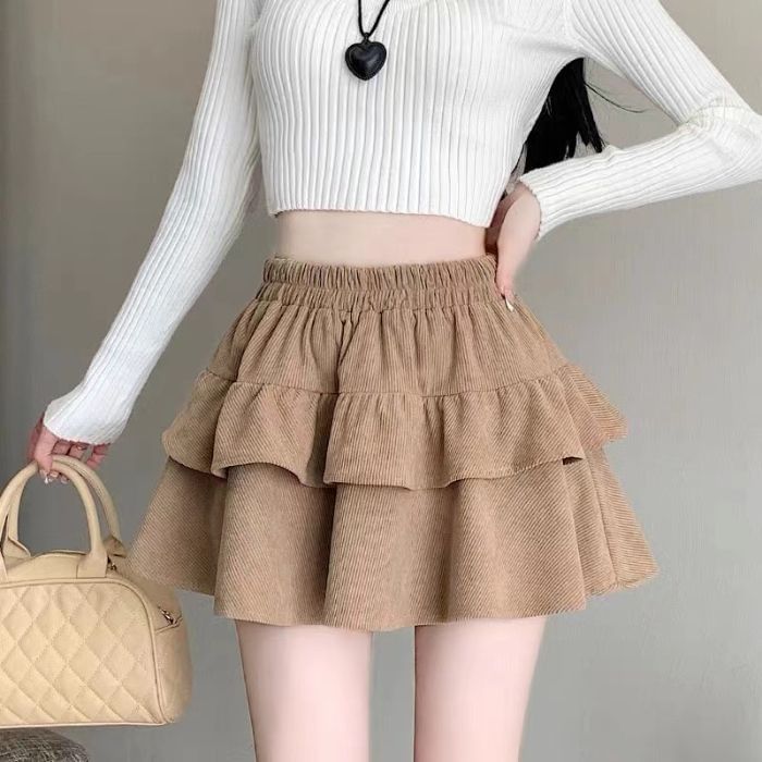 Corduroy Ruffle Trim Mini A-Line Skirt High Waist