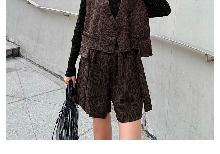 Leopard Print Vest & Glitter Top with Shorts Set