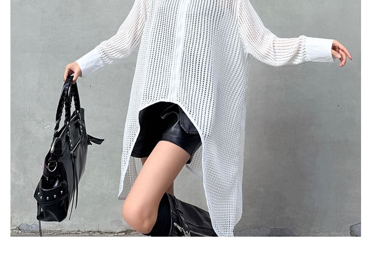 Waffle Knit Zip-Up Collared Shirt with Long Sleeves