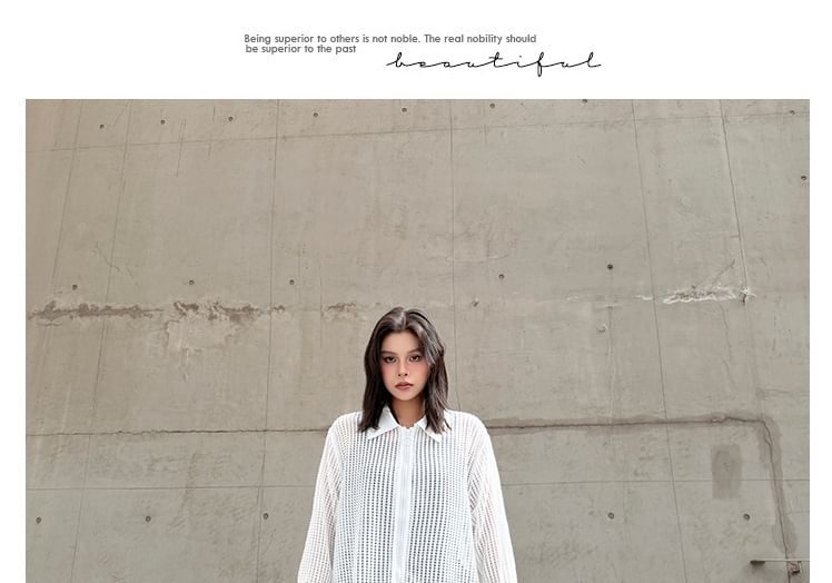 Waffle Knit Zip-Up Collared Shirt with Long Sleeves