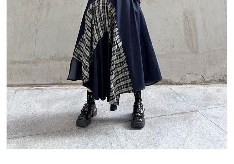 Mock Neck Top with Plaid Asymmetrical Maxi Skirt