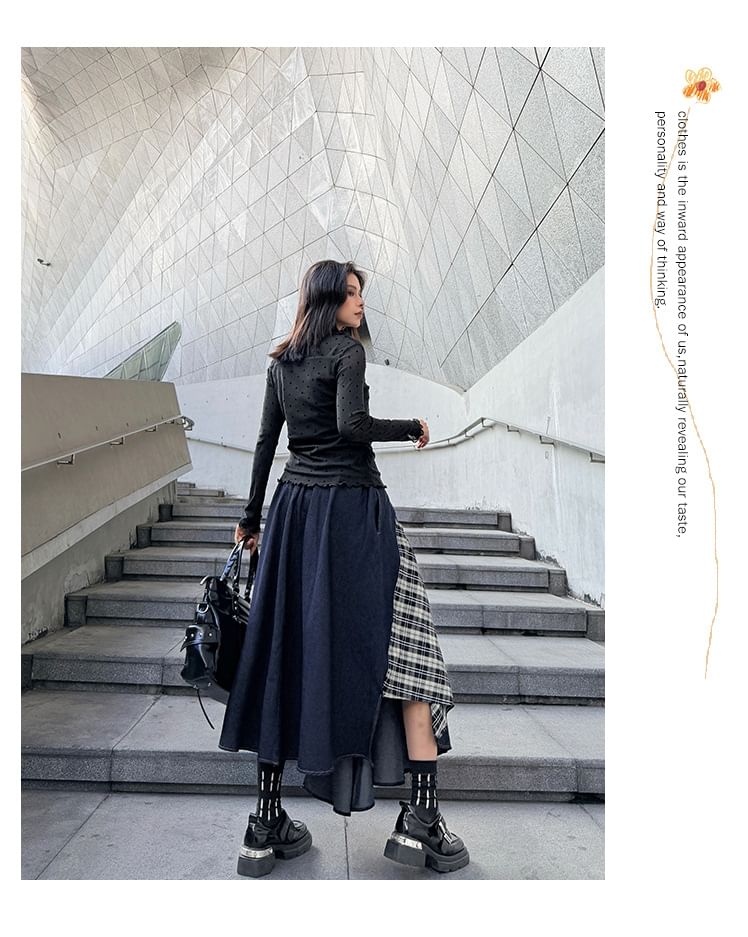 Asymmetric Plaid Maxi Skirt & Mock Neck Long-Sleeve Top