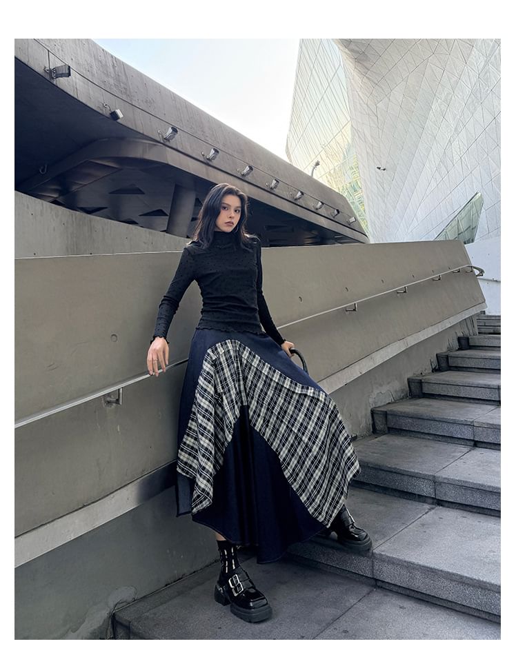 Asymmetric Plaid Maxi Skirt & Mock Neck Long-Sleeve Top