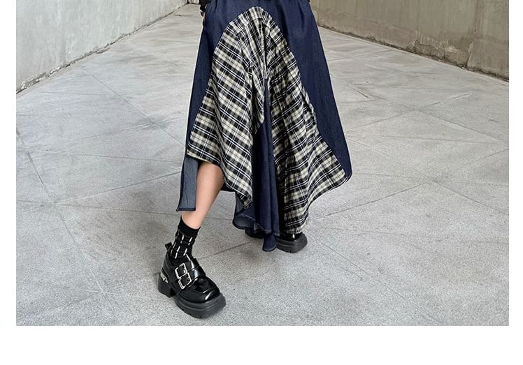 Asymmetric Plaid Maxi Skirt & Mock Neck Long-Sleeve Top