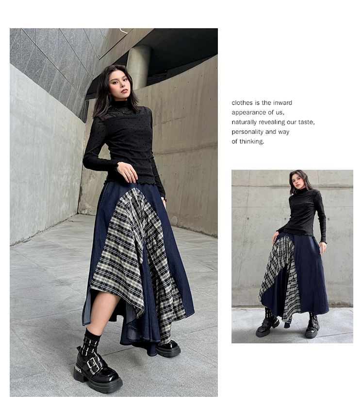 Mock Neck Top with Plaid Asymmetrical Maxi Skirt