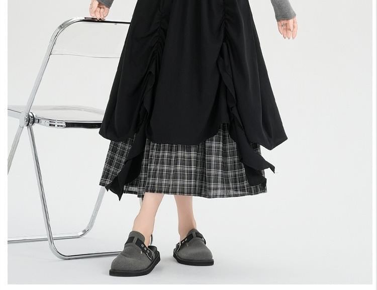 Layered Plaid Midi A-Line Skirt High Waist