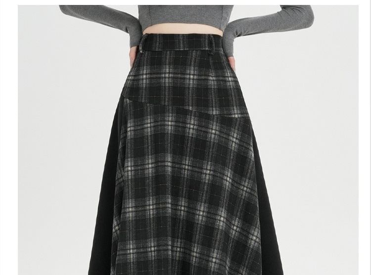 Plaid Panel Asymmetrical Maxi A-Line Skirt