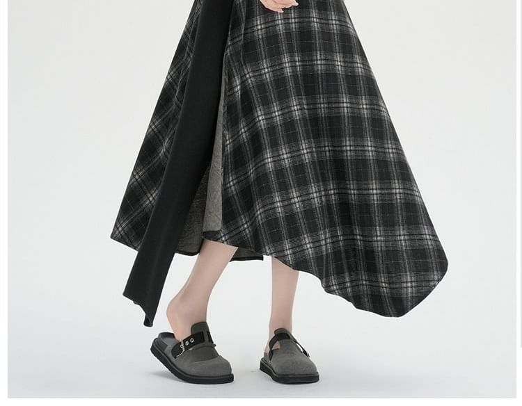 Plaid Panel Asymmetrical Maxi A-Line Skirt