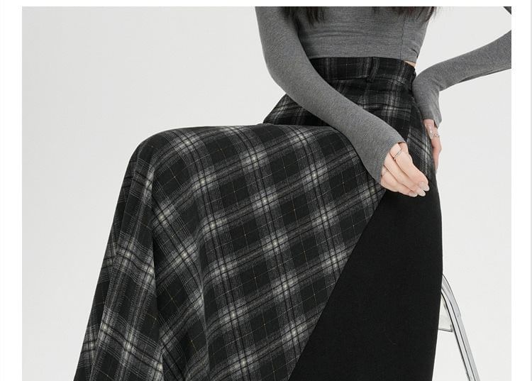 Plaid Panel Asymmetrical Maxi A-Line Skirt