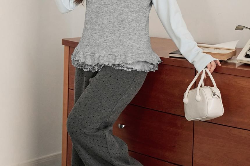 Lace Trim Scoop Neck Tee & Frill Camisole