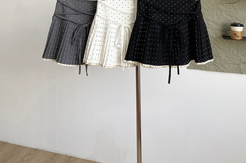 Polka Dot Lace-Up Pleated Mini A-Line Skirt